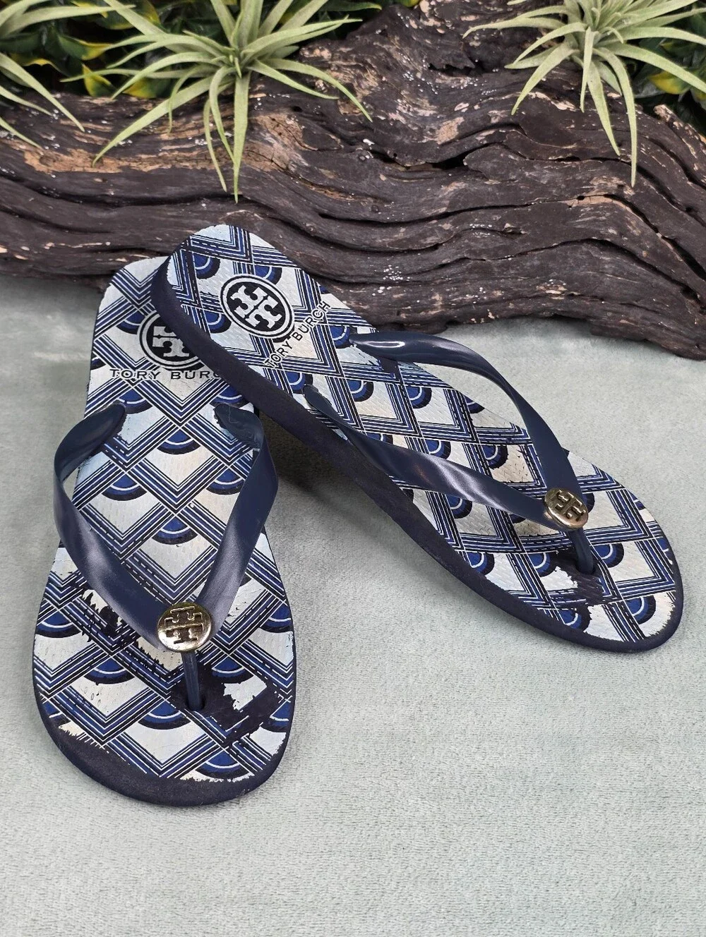 Tory Burch Blue & White Geometric Logo Print Flip Flop Sandals w/ Gold Medallion